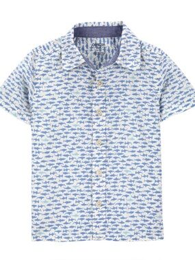 OshKosh B'gosh|White and Blue DitsyShark-Print Button-Down Shirt with collar•NWT